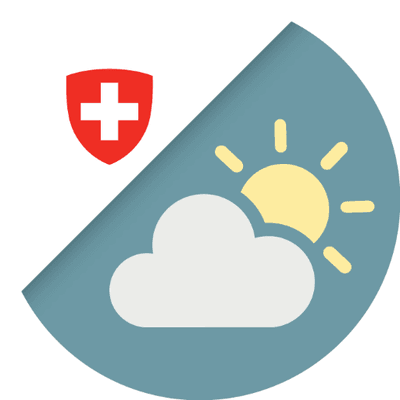 Symbolbild mit Schweizer Kreuz, Sonne und Wolke auf blauem Hintergrund, keine Personen oder Ausrüstung sichtbar.
