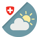 Symbolbild mit Schweizer Kreuz, Sonne und Wolke auf blauem Hintergrund, keine Personen oder Ausrüstung sichtbar.