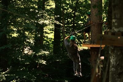 Person mit grünem Helm und Klettergurt fährt an Seilbahn durch bewaldeten Hochseilgarten.