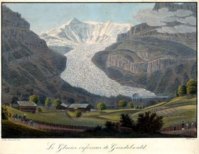 Antique colored print of a glacier flowing between steep cliffs into a valley with farmhouses, trees and figures.