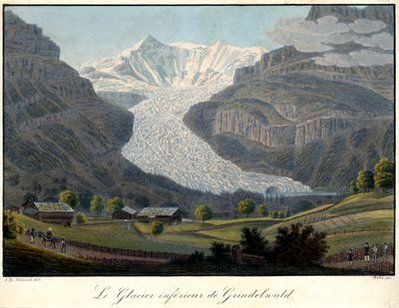 Antique colored print of a glacier flowing between steep cliffs into a valley with farmhouses, trees and figures.