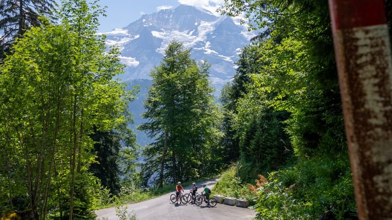 Three people with helmets on electric bikes stopped on a forested mountain road with snowy peaks in the background.
