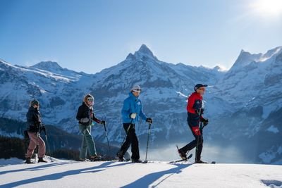 Vier Personen mit Skiern und Stöcken gehen in verschneiten Bergen, tragen Winterkleidung und Helme.