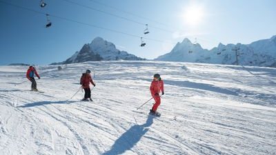 Skiers in helmets and gear descend snowy slopes with mountains and ski lifts in the background.