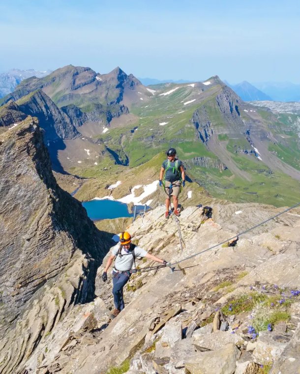 People on the ridge on the via ferrata Schwarzhorn