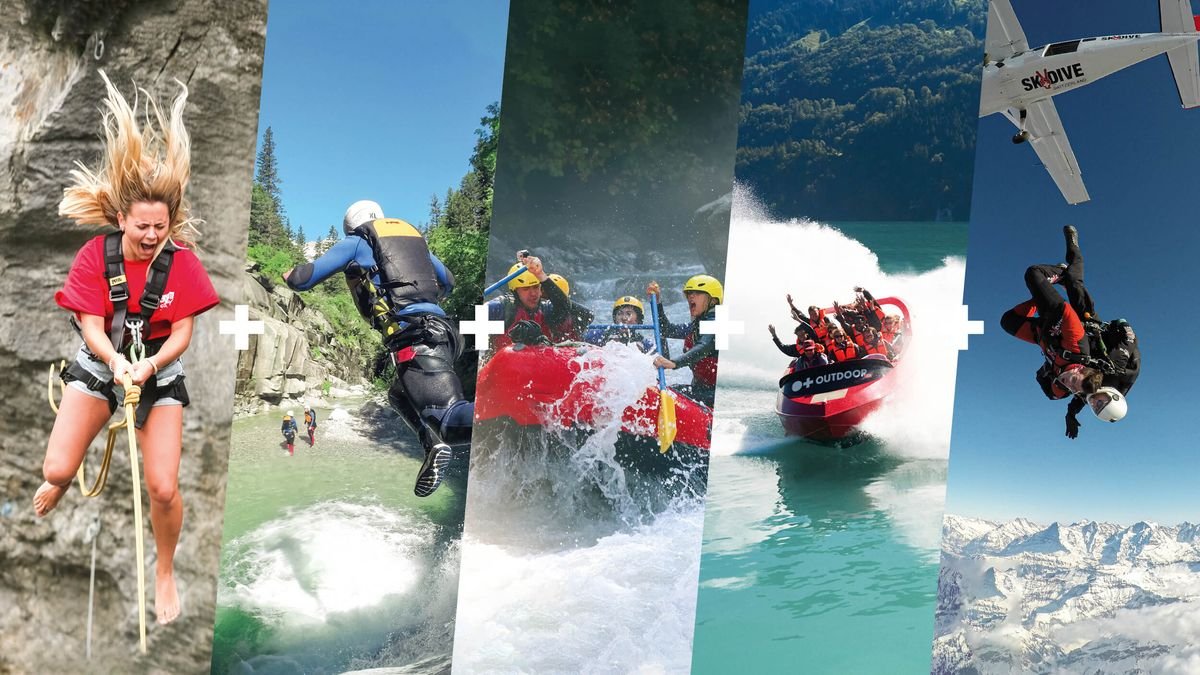 People abseiling, canyoning, rafting, jet boating, and skydiving in a mountain landscape.