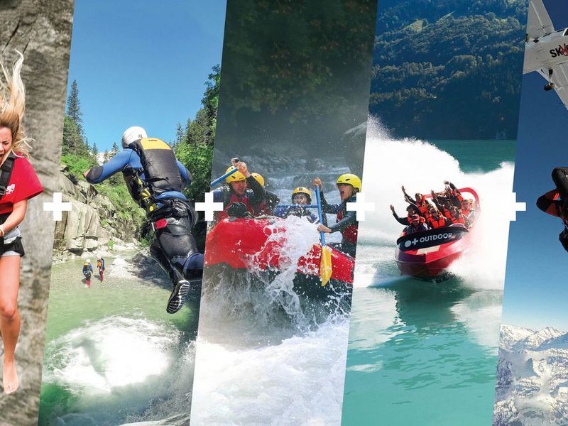 People abseiling, canyoning, rafting, jet boating, and skydiving in a mountain landscape.