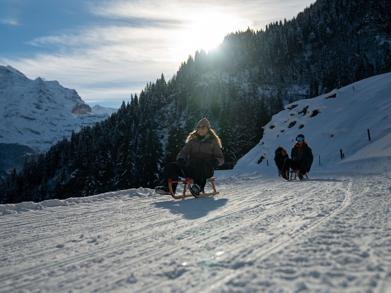 People sledding on a snowy mountain path, wearing winter clothing and sunglasses, with trees and peaks.