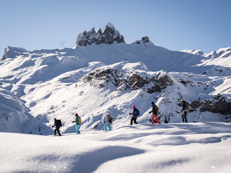 People with skiing equipment are hiking through a snowy mountain landscape under a clear sky.